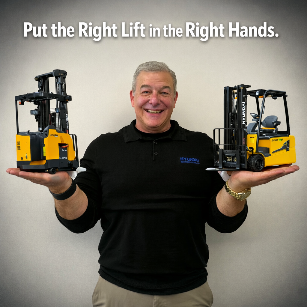 Todd McBroom holding two Hyundai forklifts — Put the Right Lift in the Right Hands